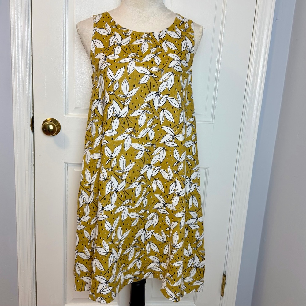 NWT Rachel Zoe Linen Mustard Shift Dress with Black & White Leaf Motif, XS